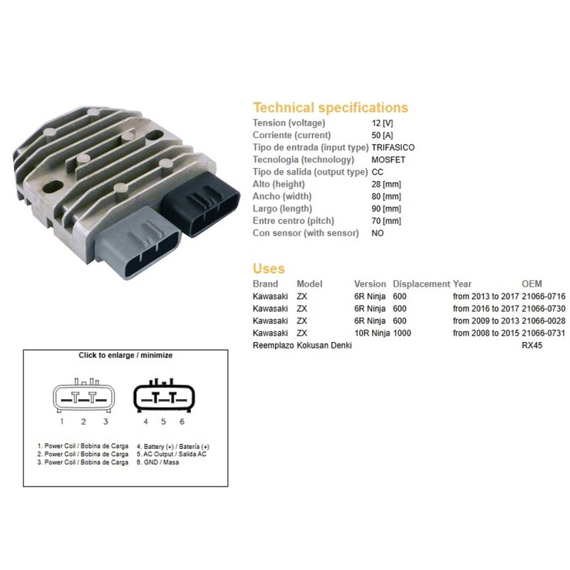 Regulator napięcia Kawasaki ZX 600R Ninja '08-'17; ZX 6R Ninja '08-'17 (ESR596)