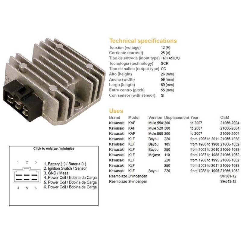 Regulator napięcia Kawasaki KLF 110/185/220/250 Bayou '86-'11; KAF 300 (OEM-21066-1052)