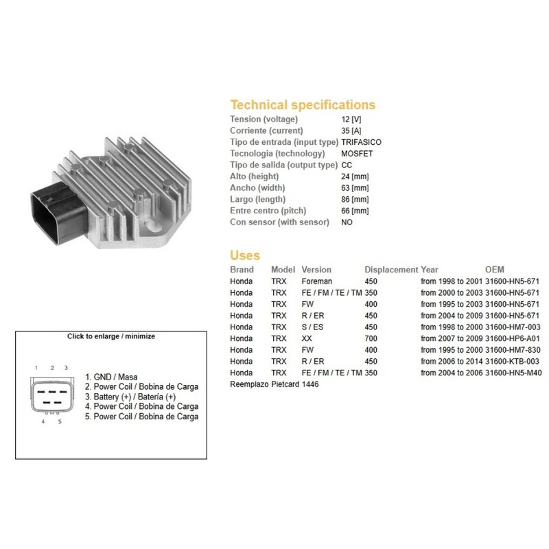Regulator napięcia Honda TRX 350FE/FM/TE/TM '00-06; TRX 400FW '95-'03; TRX 450 Foreman '98-'14
