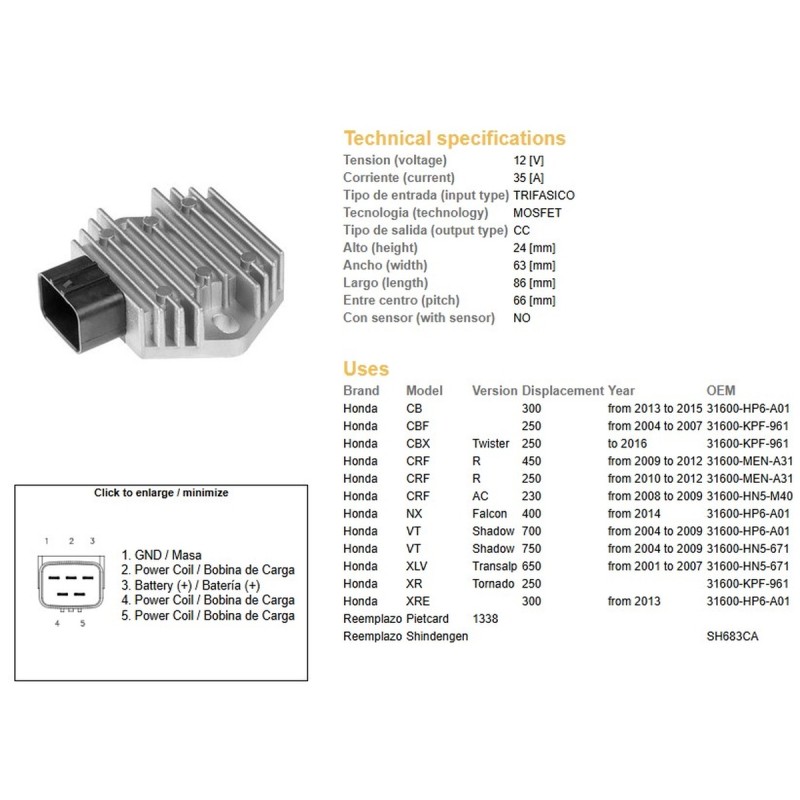 Regulator napięcia Honda CB 300 '13-'15, CBF 250 '04-'07, CRF 250/450R '09-'12, VT 700 Shadow '04-'09, VT 750 Shadow