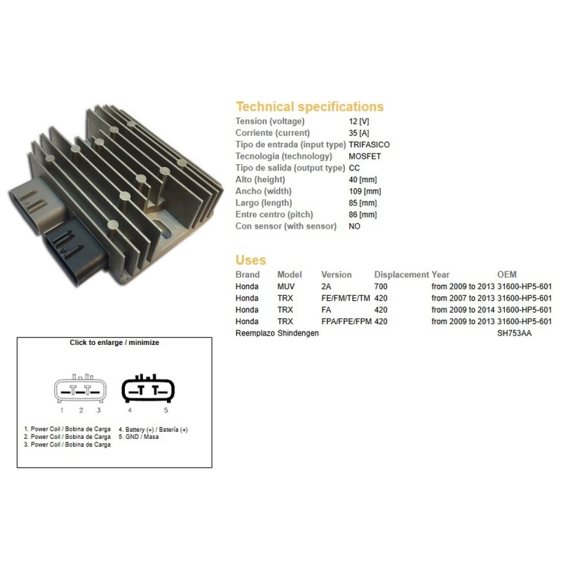 Regulator napięcia do HONDA TRX 420FE/FM/TE/TM '07-'14 oraz MUV 700 '09-'13