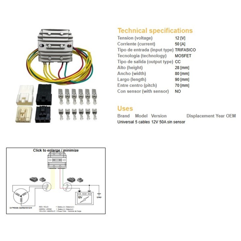 Regulator napięcia uniwersalny MOSFET (50A) - DZE, 5 kabli (3x żółte, 1x czerwony, 1x zielony)