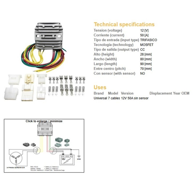 Regulator napięcia MOSFET 50A - Uniwersalny, 7 kabli (3x żółte, 2x czerwone, 2x zielone)