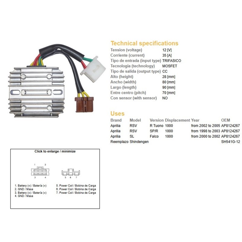Regulator napięcia Aprilia RSV 1000R Tuono '02-'05; RSV 1000SP/R '98-'03; SL 1000 Falco '00-'02 (35A) 7 kabli (ESR912)