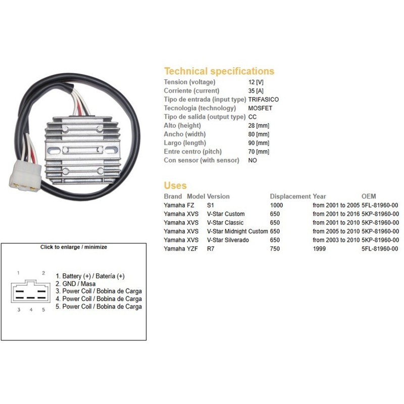 Regulator napięcia Yamaha XVS 650 V-Star, YZF 750 R7, FZS 1000 (5KP-81960-00)