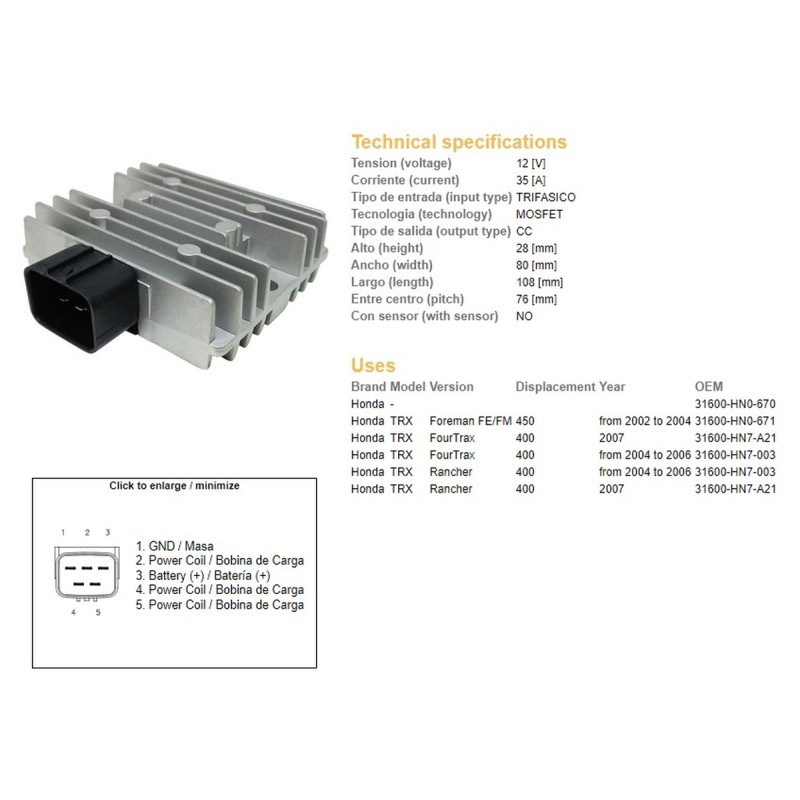 Regulator napięcia Honda TRX 400 Four Trax '04-'07, TRX 400 Rancher '04-'07, TRX 450 FE/FM Foreman '02-'04 (35A)