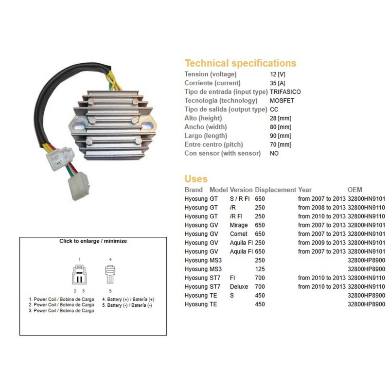Regulator napięcia do Hyosung GT 250R '08-'13, GT 650S/R '08-'13, GV 250 '09-'13, GV 650 '07-'13, MS3 125/250, ST7 700
