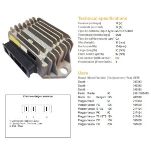 Regulator napięcia Piaggio Vespa 50/125/150/200 (OEM 348363-62 / 23811006450 / 460560)