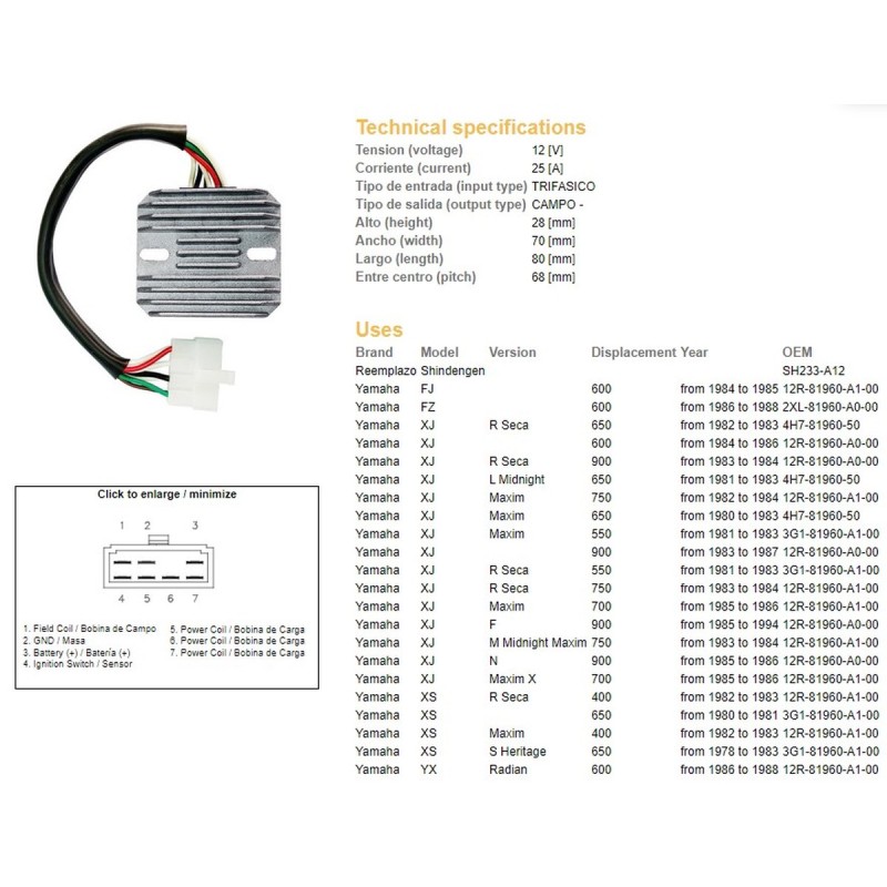 Regulator napięcia Yamaha XJ 550/600/650/750/900 '80-'89; XS 650 '78-'83; YX 600 Radian '86-'88