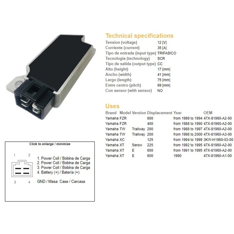 Regulator napięcia Yamaha TW 200 '88-'00 XT 225 Serow '92-'95 FZR 400/600 '88-'94 XT 600E '90-95