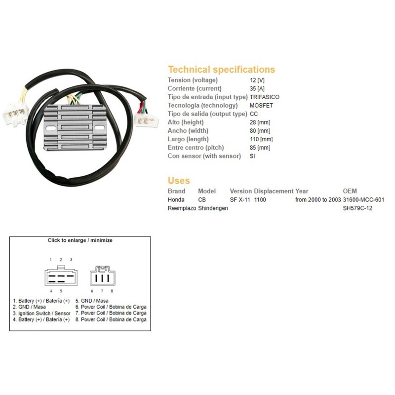 Regulator napięcia Honda CB 1100 SF (X11) '00-'03 (31600-MCC-601) (SH579C-12)