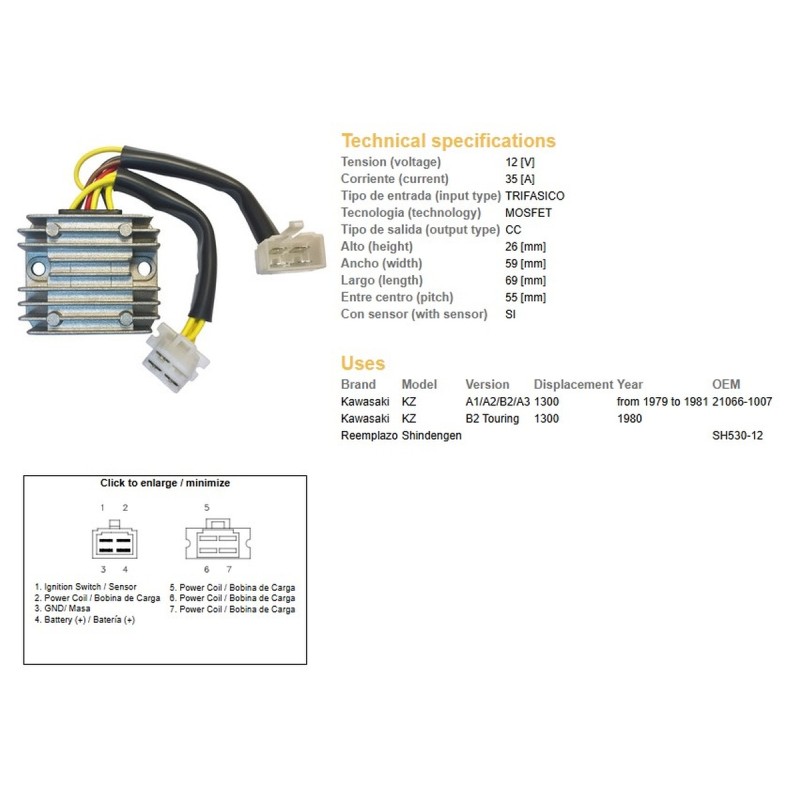 Regulator napięcia Kawasaki KZ 1300A/B '79-'81 (21066-1007) (SH530-12) (ESR470)