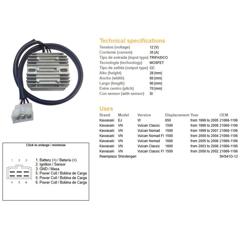 Regulator napięcia do Kawasaki W 650 '99-'05, VN 1500 Vulcan '96-'08, VN 1600 '00-'08
