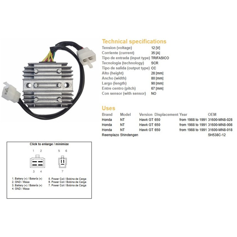 Regulator napięcia Honda NTV 650 '88-'91 12V 35A (SH538C-12)