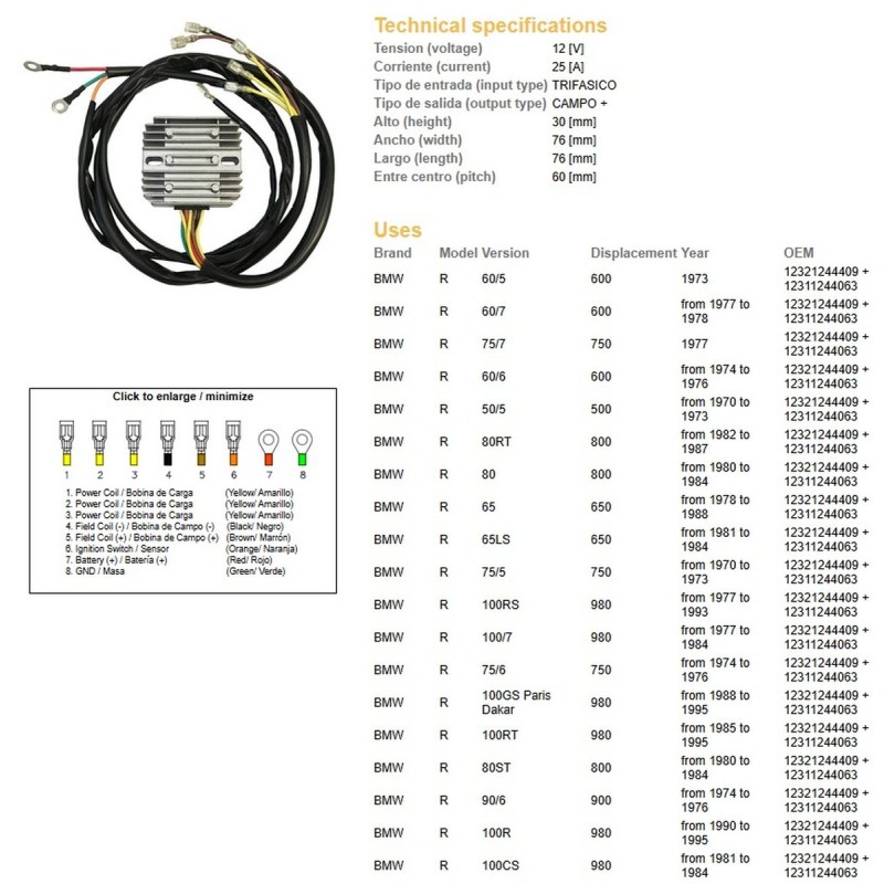 Regulator napięcia do BMW R 60/75/65/80/90/100 i Moto Guzzi 650/750/850/1000 '74-'88, '75-'95