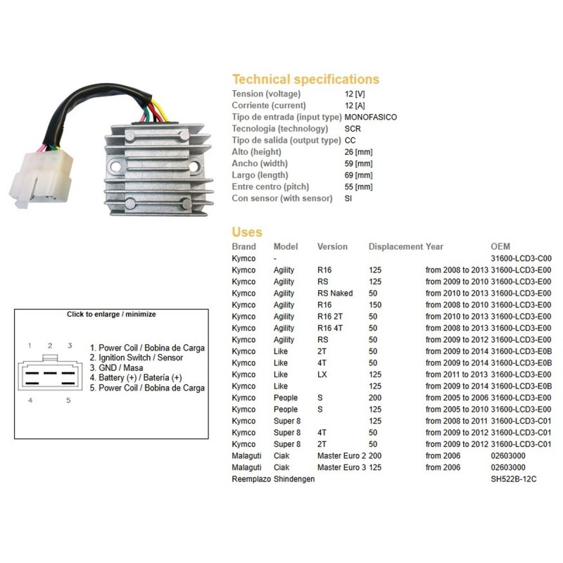 Regulator napięcia do Kymco Agility, People i Super 8 - OEM 31600-LCD3-C0