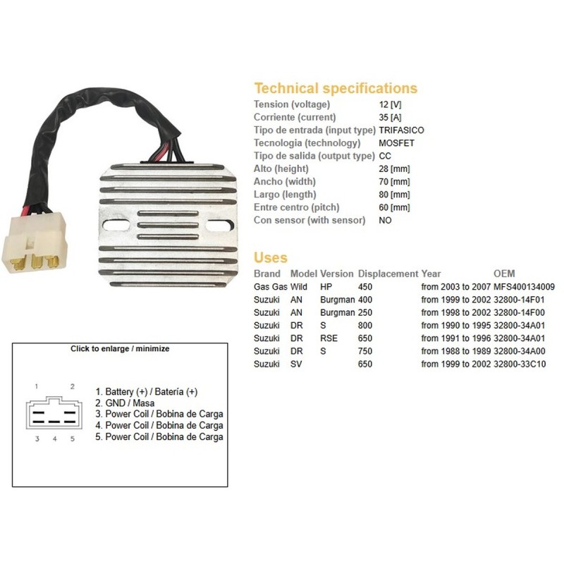 Regulator napięcia Suzuki AN 250 Burgman '98-'02; AN 400 Burgman '99-'02; SV 650 '99-'02; DR 650RSE '91-96; DR 750S