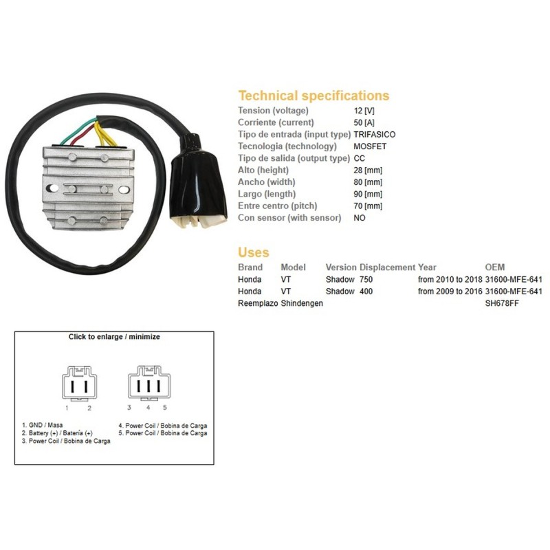 DZE Regulator napięcia Honda VT 750C Shadow \'10-\'18 (31600-MFE-641) (50A) (MOSFET)