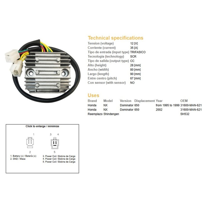 Regulator napięcia Honda NX 650 Dominator '95-'99; '02 (31600-MAN-621) (35A)