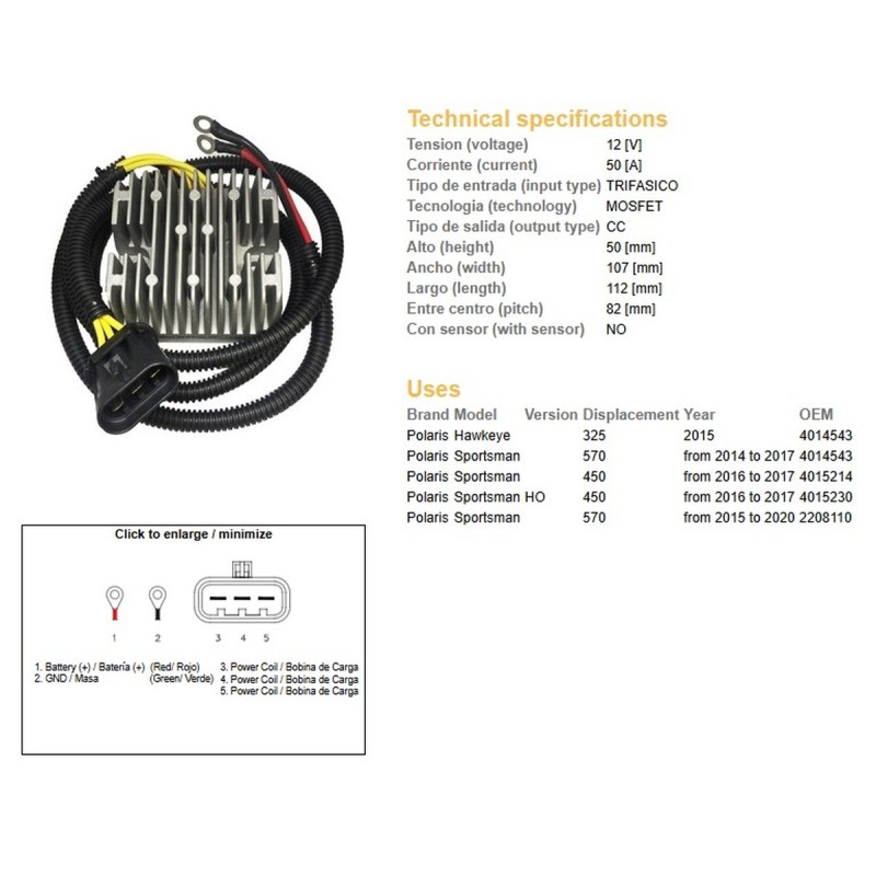 DZE REGULATOR NAPIĘCIA POLARIS SPORTSMAN 450 '16-'17; 570 '14-'20; HAWKAYE 325 '15 (4014543; 4015214; 4015230) (50A)