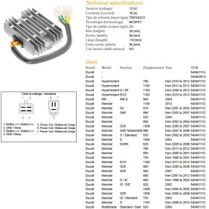 Regulator napięcia DZE do Ducati 600/620/748/750/796/800/900/916/944/992/996/1000/1100 '98-'12 (35A)