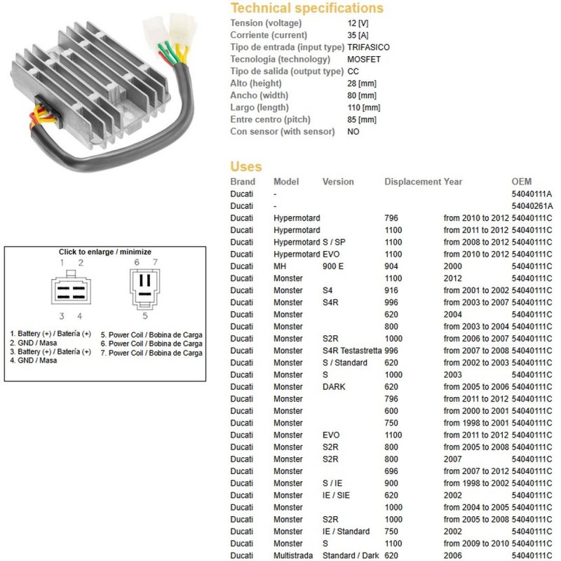 Regulator napięcia DZE do Ducati 600/620/748/750/796/800/900/916/944/992/996/1000/1100 '98-'12 (35A)