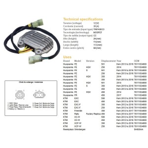 Regulator napięcia do Husqvarna FE 250/350/450 '13-'16; KTM EXC-F 250/350/450/500, XCF-W 250/350, XC-W 450/500 '12-'16