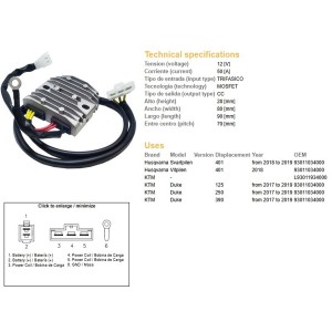 Regulator napięcia KTM Duke 125 '17-'19, Duke 250 '17-'19, Duke 390 '17-'19, Husqvarna Svartpilen 401 '18-'19, Vitpilen