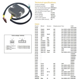 Regulator napięcia Aprilia Atlantic/Scarabeo 125/250/400/500 '05-'08; Piaggio MP3/X7/X8/X9 '05-'11