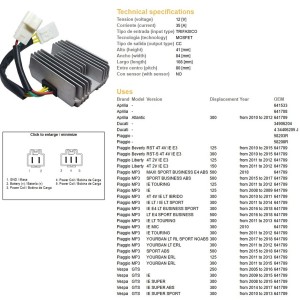 Regulator napięcia Aprilia MP3 125/300/500 '08-'18, Liberty 125/150 '11-'12, Beverly 125/300 '10-'15, Vespa GTS 125/25
