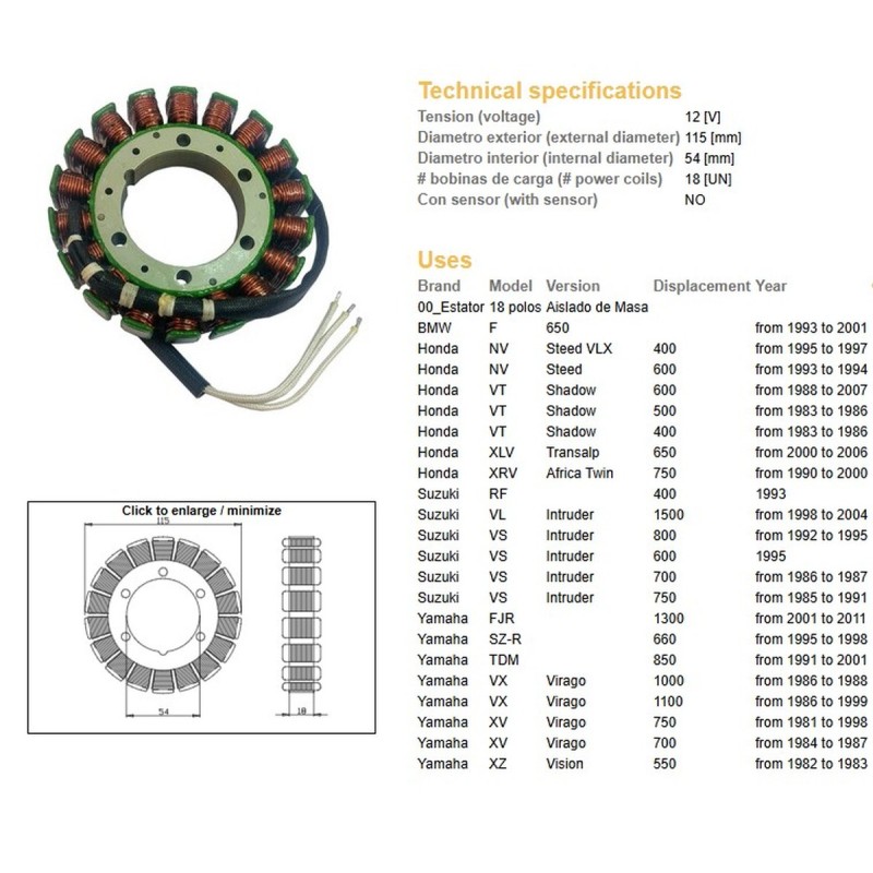 DZE UZWOJENIE ALTERNATORA STATOR BMW F 650 '93-'01; VT 500/600 '83-'07; XL 650V TRANSALP '00-'06; XRV 750 AFRICA TWIN '90