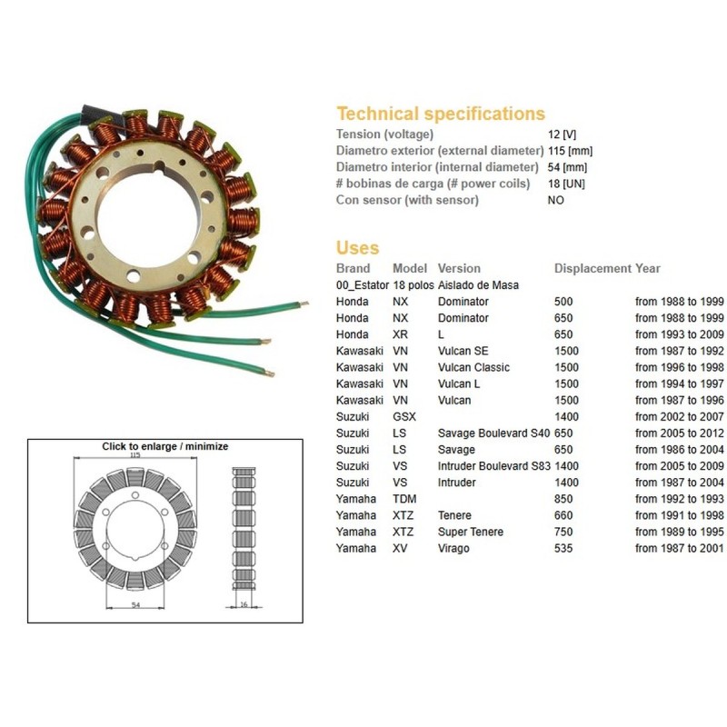 DZE UZWOJENIE ALTERNATORA STATOR HONDA NX 650 DOMINATOR '88-'99 XR 650L '93-'09 KAWASAKI VN 1500 VULCAN '87-'97 SUZUKI