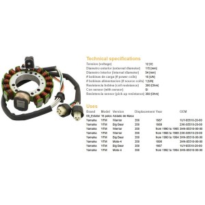 Dze uzwojenie alternatora stator Yamaha YFM 350 Big Bear '89-'94; Warrior '87-'95 (ESG432) (OEM-3HN-85510-20-00)