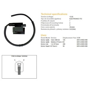 Cewka zapłonowa Kymco Agility 50/125; Like 200; Super 8 (OEM 3051A-KKE3-900)