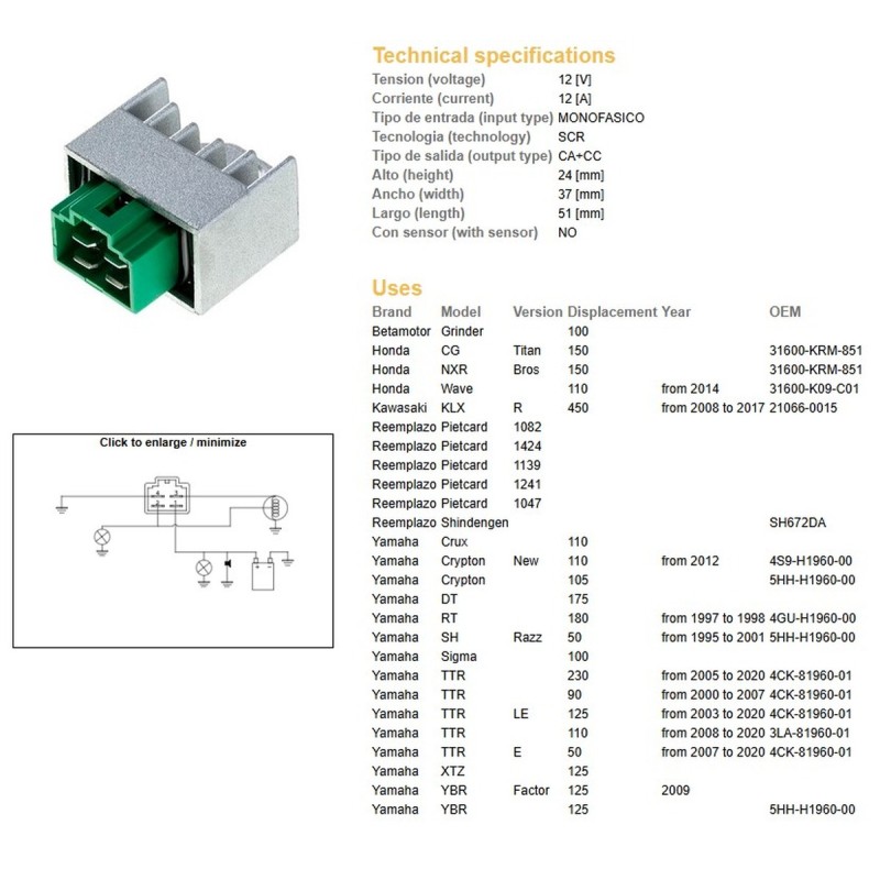 Regulator napięcia Yamaha YBR 125 '09-; TTR 50/90/110/125/230 '00-'20; Kawasaki KLX 450F '08-'17