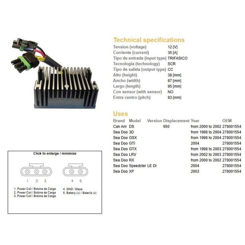 Regulator napięcia do Can-Am DS 650 i Sea-Doo 3D/GSX/GTX/RX/XP/LRV (OEM 278001554)
