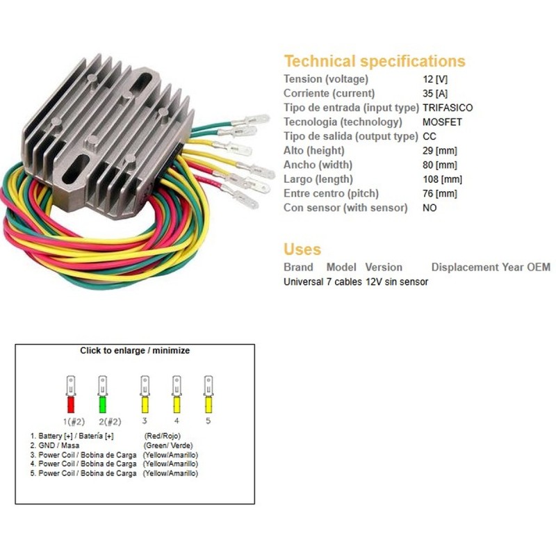 Regulator napięcia uniwersalny (35A) 7 kabli (3x żółte, 2x czerwone, 2x zielone)