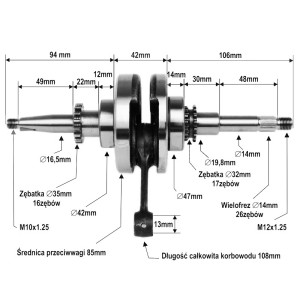 Wał korbowy GY6 50/80cc 4T Kingway, Kymco, Peugeot, Romet, Zipp i inne